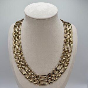 Vintage Wide Gold Tone Triple Link Collar Choker Necklace | Retro Statement 18"
